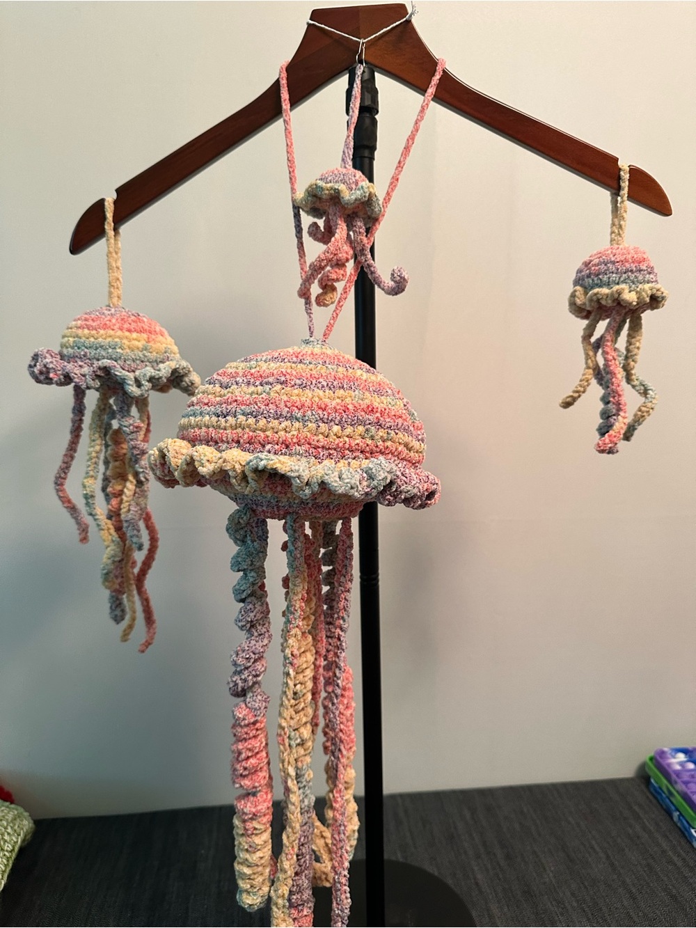 Handmade Crocheted Jellyfish Family in Pastel Rainbow